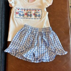 Stitchy Fish Patriotic Top with Blue Gingham Ruffle Shorts